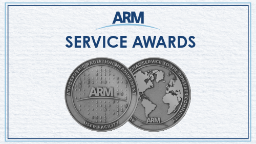 Text reading ARM Service Awards with front and back imagery of a coin