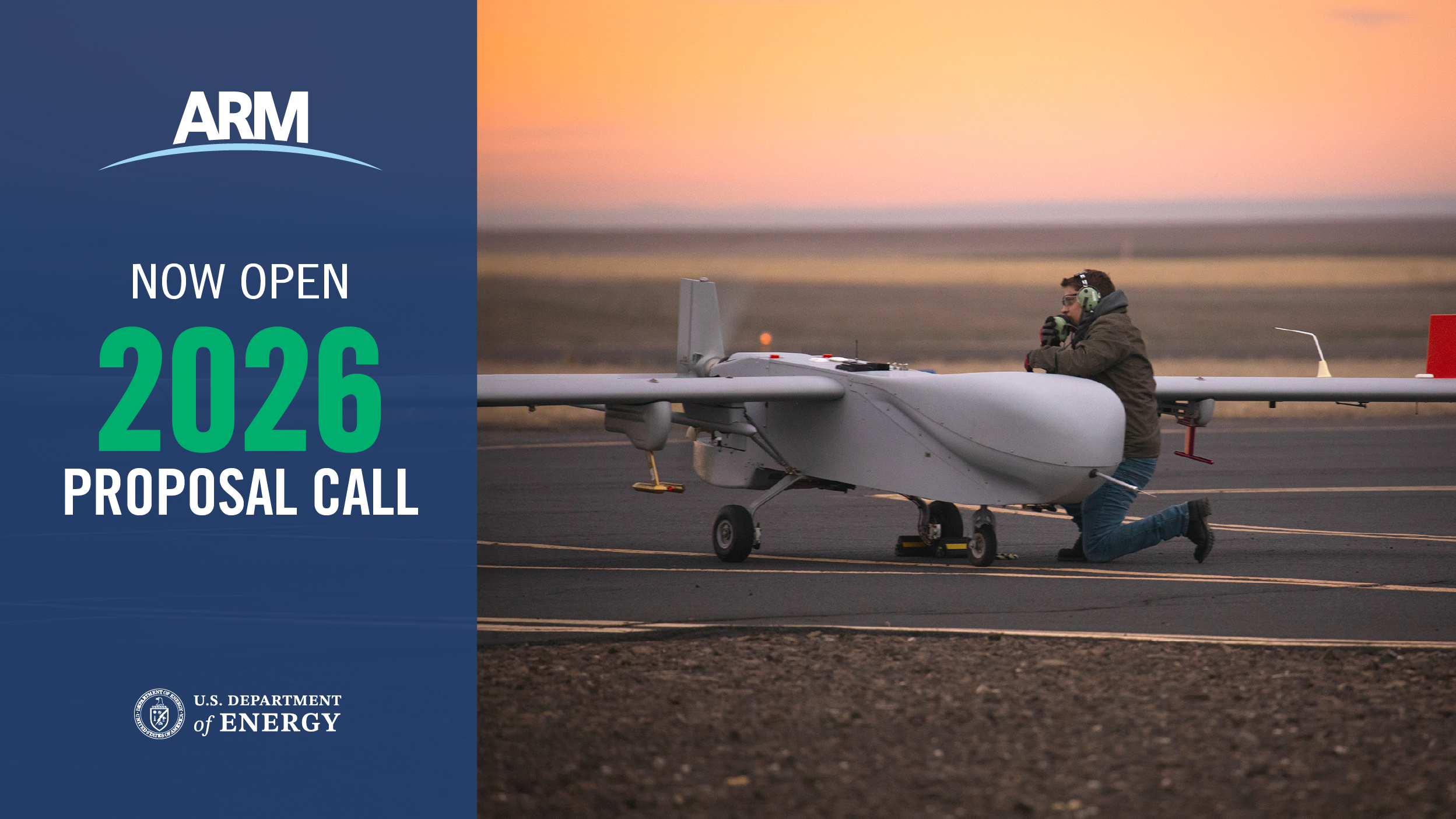 A photo of ARM's ArcticShark uncrewed aerial system is next to a blue box with text that says Now Open: 2026 Proposal Call with ARM and DOE logos.