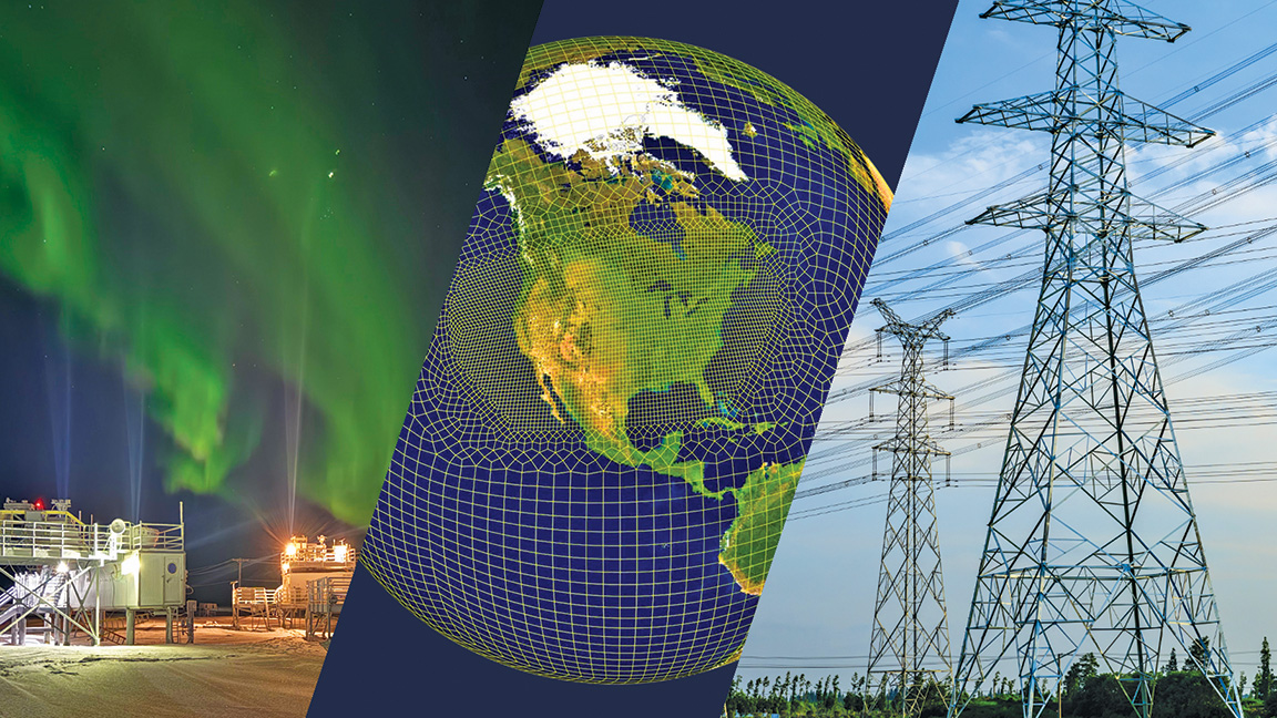 Three images are positioned from left to right. The image to the left shows an aurora over a snow-covered ARM site. The middle image illustrates an earth system model. The image to the right contains a power grid.