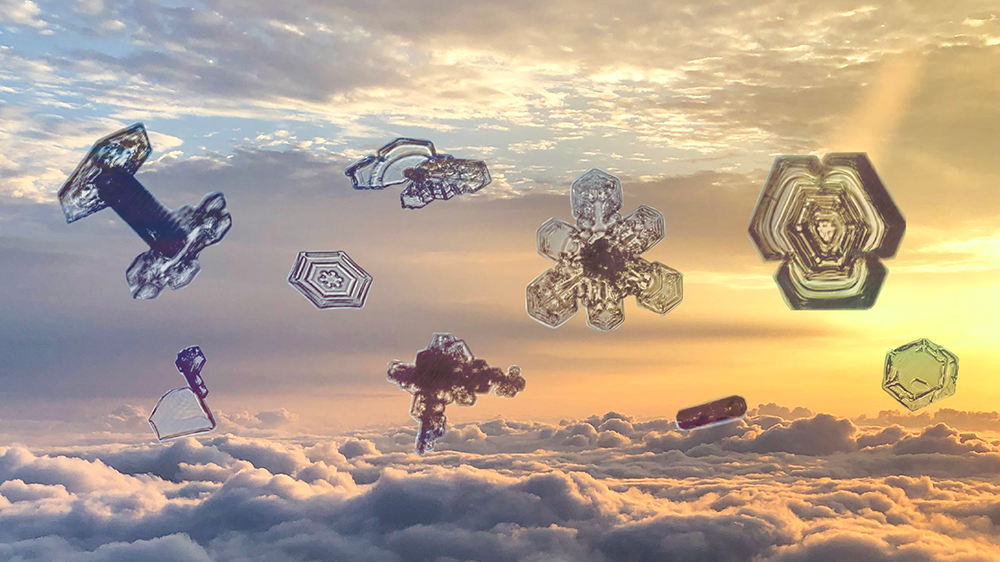 An image of different types of ice crystals hovering in the clouds