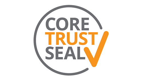 CoreTrustSeal logo with Trust and a checkmark in gold and the words Core and Seal and most of a circle in dark gray