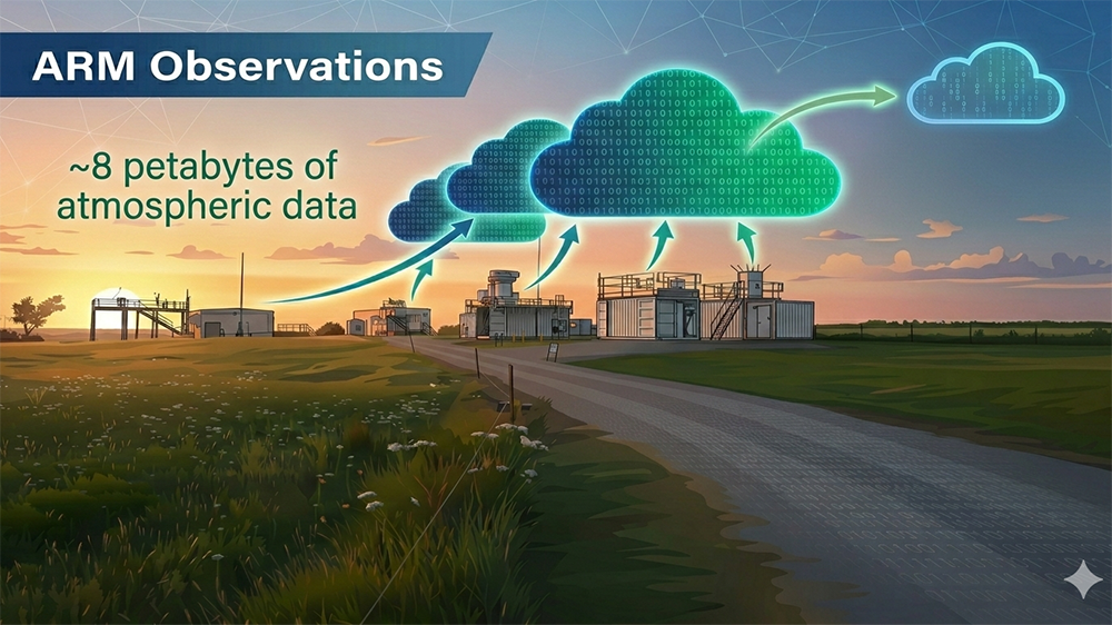 An AI-augmented image of buildings, radars, lidars, and surrounding land at the Southern Great Plains atmospheric observatory's Central Facility with arrows showing data moving into clouds