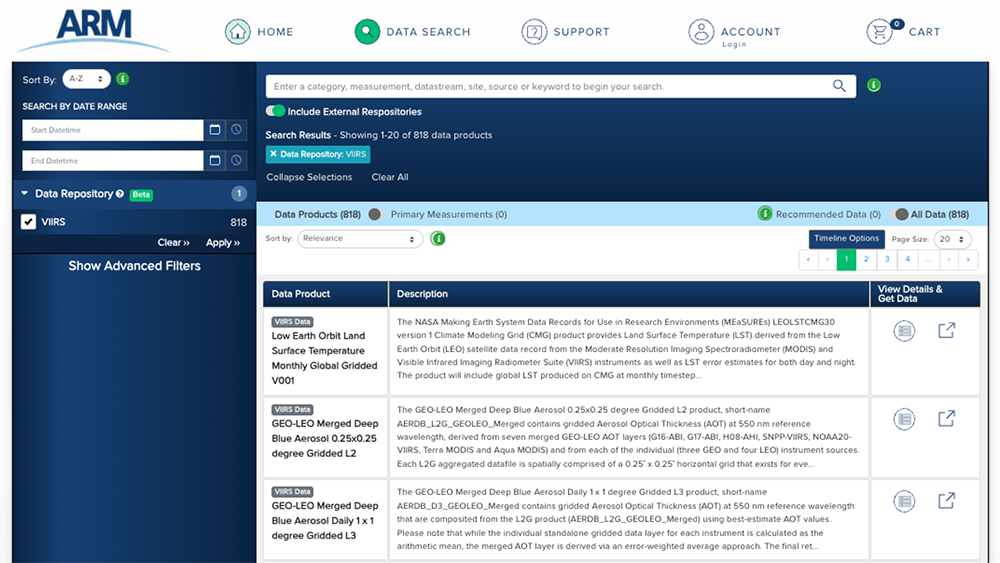 A search page showing different data products and descriptions under the VIRRS Data Repository category in ARM's Data Discovery