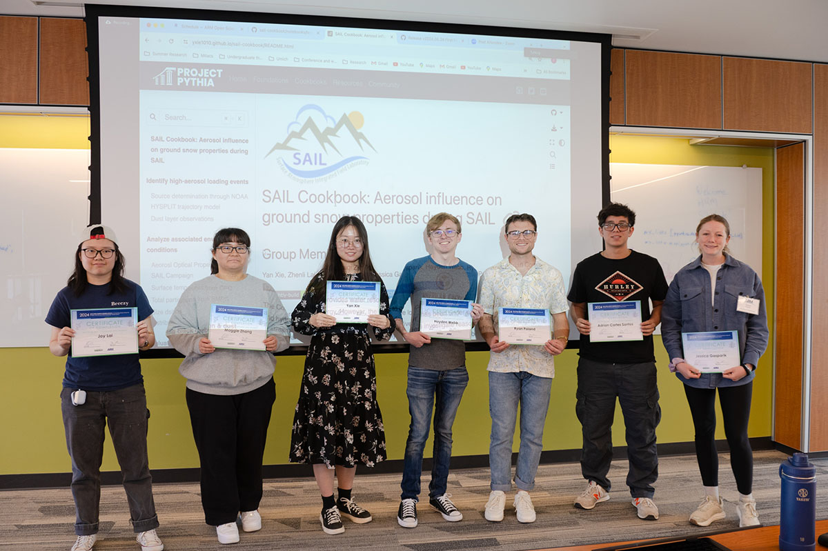 Seven people hold certificates while posing in front of a Project Pythia SAIL cookbook projected onto a giant screen.