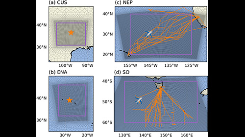 Four map panels, with the two on the left including a star to indicate ARM observation sites within specified domains and the two on the right including an airplane with orange lines to indicate aircraft tracks over oceans
