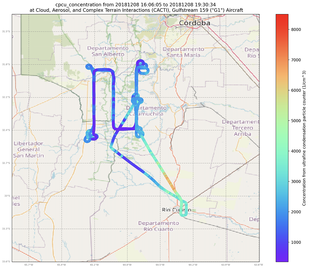 A map of a flight path near Córdoba, Argentina, shows variations in concentration from an ultrafine condensation particle counter (1/cm^3). The legend goes to above 8,000.