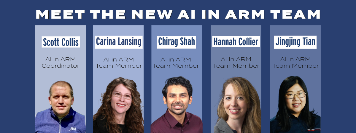 Portraits of Scott Collis, Carina Lansing, Chirag Shah, Hannah Collier, and Jingjing Tian, who make up the new AI in ARM Team