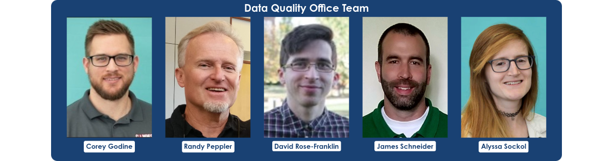 Composite headshot image for ARM's Data Quality Office team, featuring headshots of Corey Godine, Randy Peppler, David Rose-Franklin, James Schneider, and Alyssa Sockol