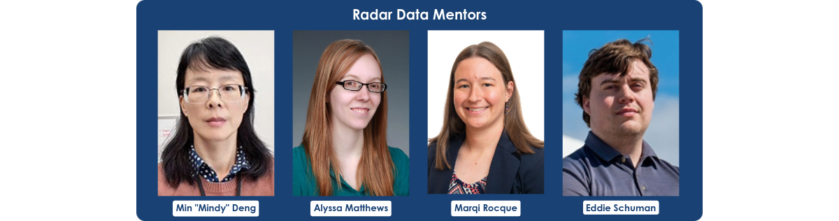 Composite headshot image for ARM's Radar Data Mentors team, featuring headshot images of Min "Mindy" Deng, Alyssa Matthews, Marqi Rocque, and Eddie Schuman