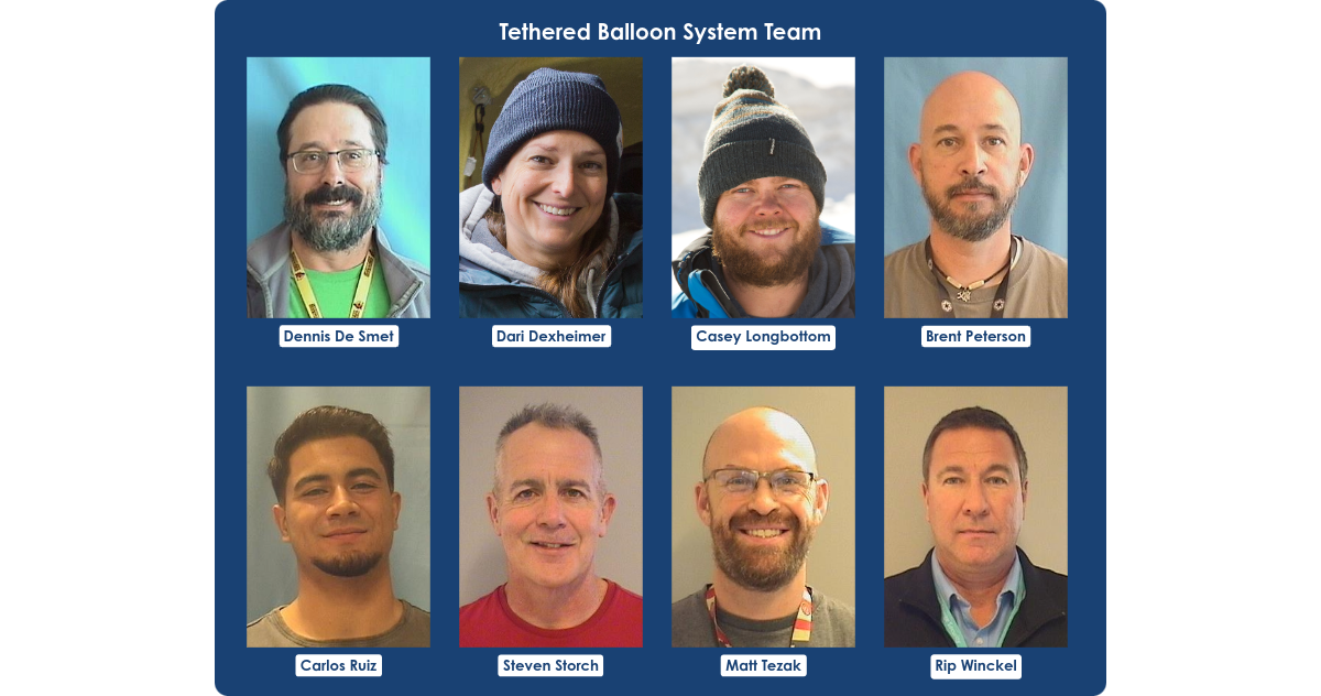 Composite headshot image for ARM's Tethered Balloon System Team, featuring headshots of Dennis De Smet, Dari Dexheimer, Casey Longbottom, Brent Peterson, Carlos Ruiz, Steven Storch, Matt Tezak, Rip Winckel