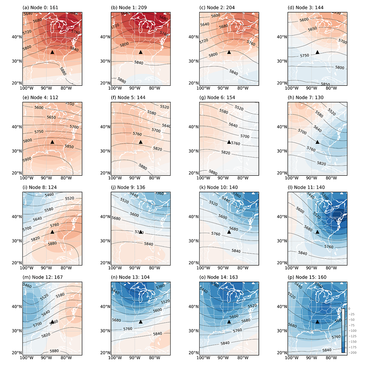A 4x4 grid of maps showing geopotential heights (meters, contours) and anomalies (colors) at 500 hPa at 05:00 UTC for 16 self-organizing map nodes