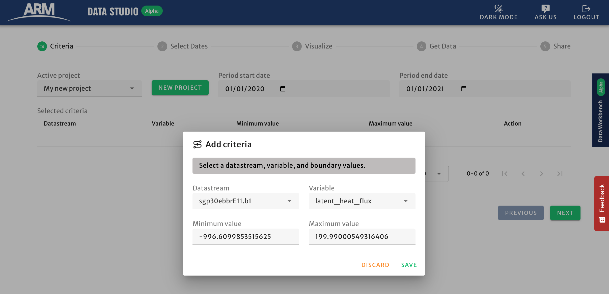 An Add Criteria box displays a selected datastream, variable, minimum value, and maximum value.