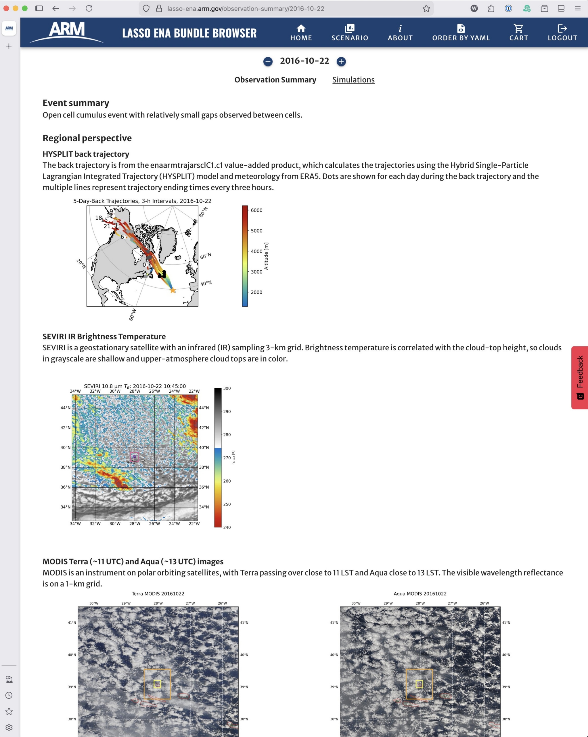 A screenshot of the browser shows an event summary for 2016-10-22 (open cell cumulus event with relatively small gaps observed between cells) and a regional perspective with HYSPLIT back trajectory, SEVIRI IR brightness temperature, and MODIS Terra (11 UTC) and Aqua (13 UTC) images.