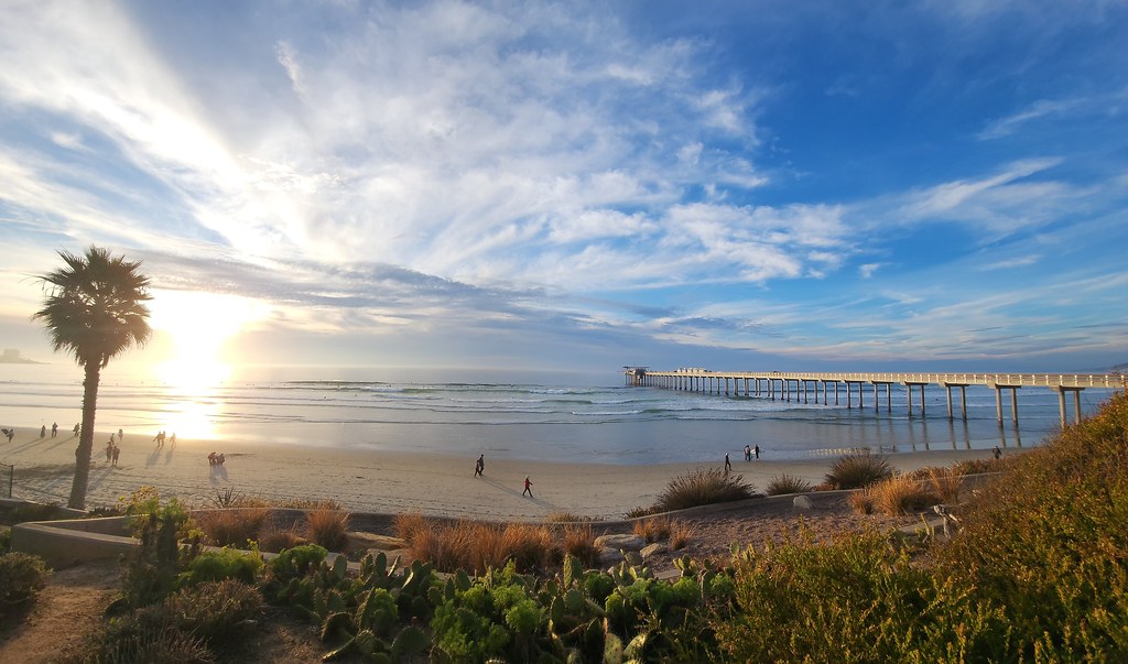 People frolic on a beach between a palm tree and a pier jutting into the ocean. The sun peeks through some clouds streaking across the sky.