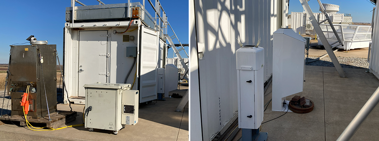 Two photos side by side show different lidars at ARM's Southern Great Plains atmospheric observatory.