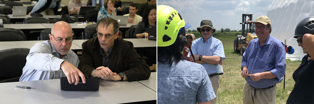 A photo on the left shows Eduardo Azevedo holds a computer tablet, while Jim Mather sits next to him talking about what is on the screen. They are sitting down in a conference room setting with long tables pulled together and others behind them working on computers and talking. The right photo features a group of people dressed in business casual clothing stand in a field near a tractor and a large inflated covering. The people are smiling and wearing different kinds of headgear, such as bucket hats, caps, and helmets.