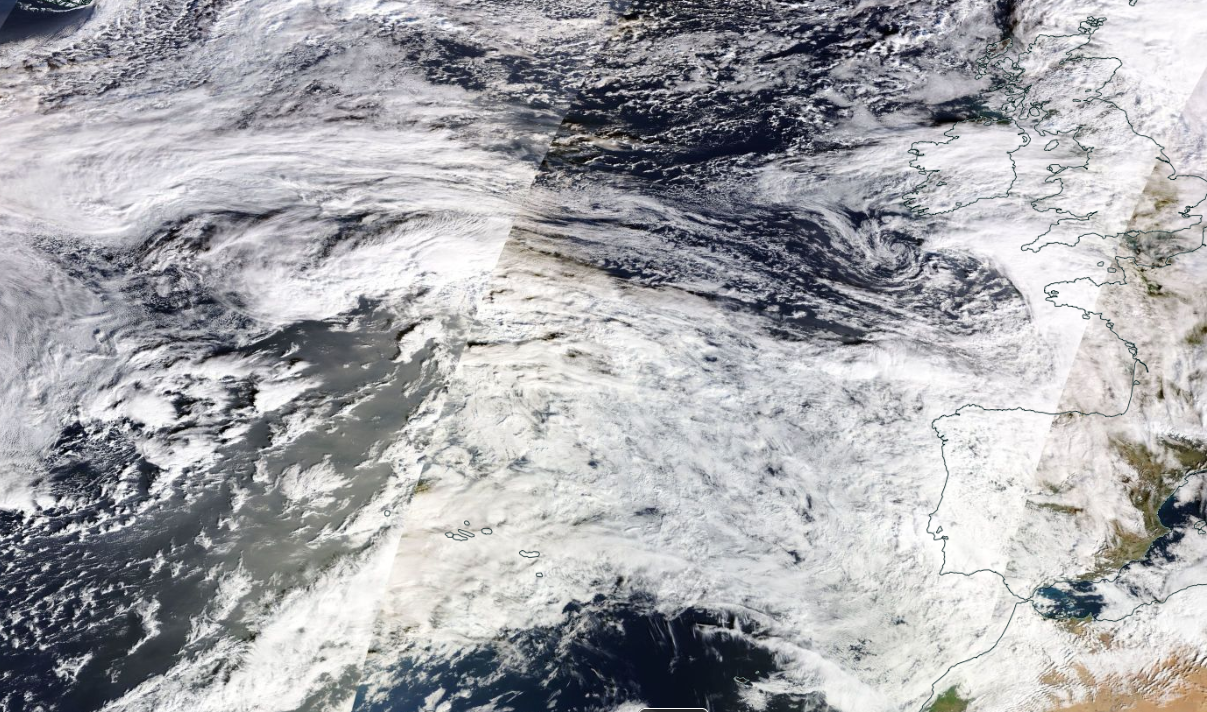 A satellite image shows a broad cloudy region stretching from the Azores island chain to the Iberian Peninsula.