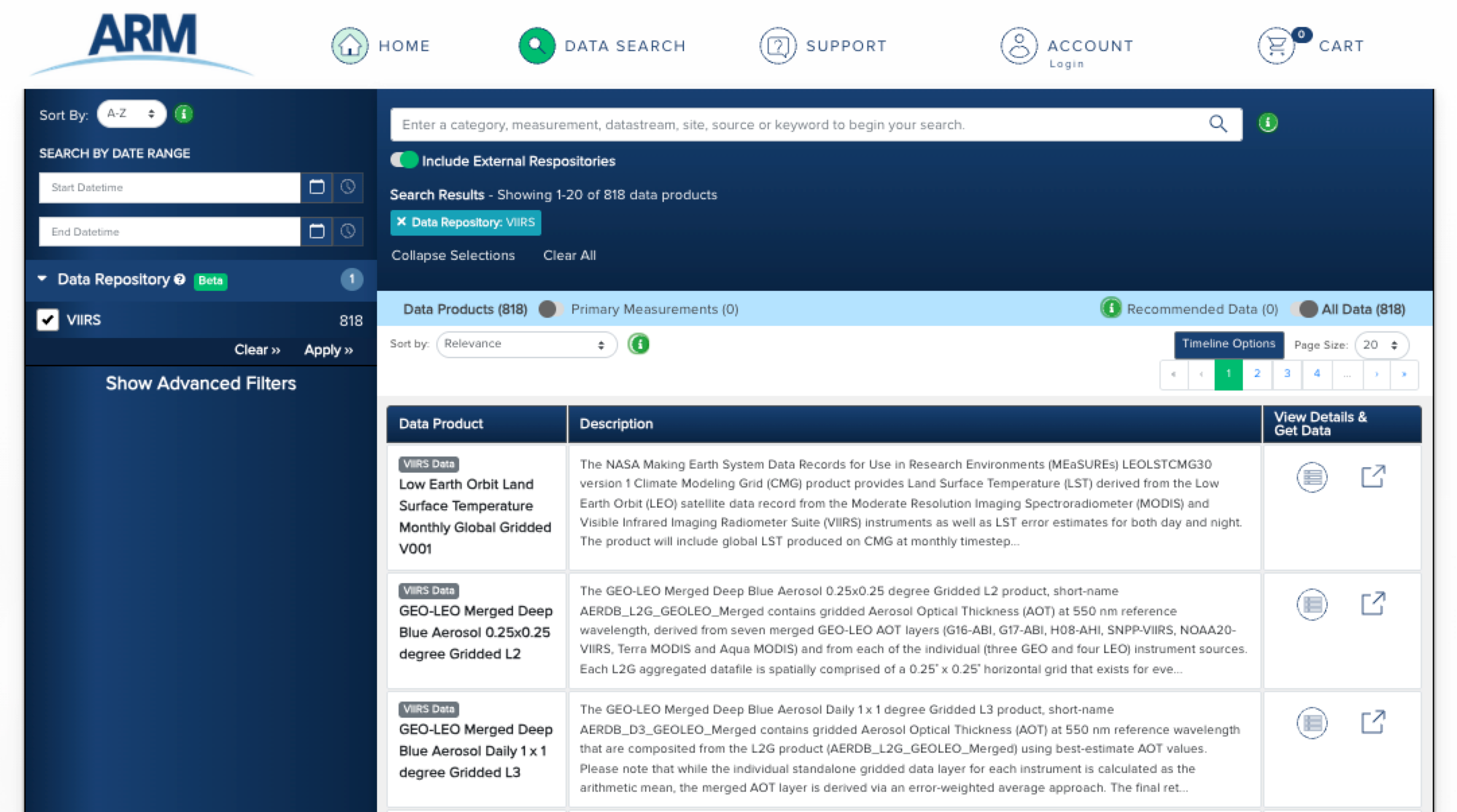 A search page showing different data products and descriptions under the VIRRS Data Repository category in ARM's Data Discovery