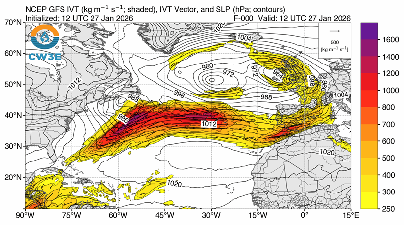 A National Centers for Environmental Prediction image illustrates the water vapor circulation over the Azores in the eastern Atlantic Ocean on January 27, 2026. A label of 1012 is shown in that region.