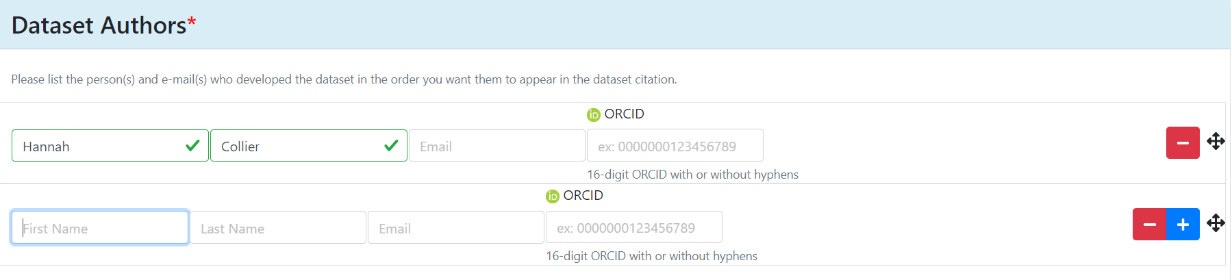 The Dataset Authors section provides plus and minus buttons to add or remove data authors and keywords. Each metadata field includes a description to clarify the information that should be provided.