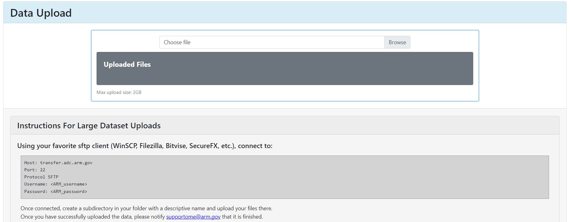 The Data Upload section provides an area to upload files along with instructions for large data uploads.