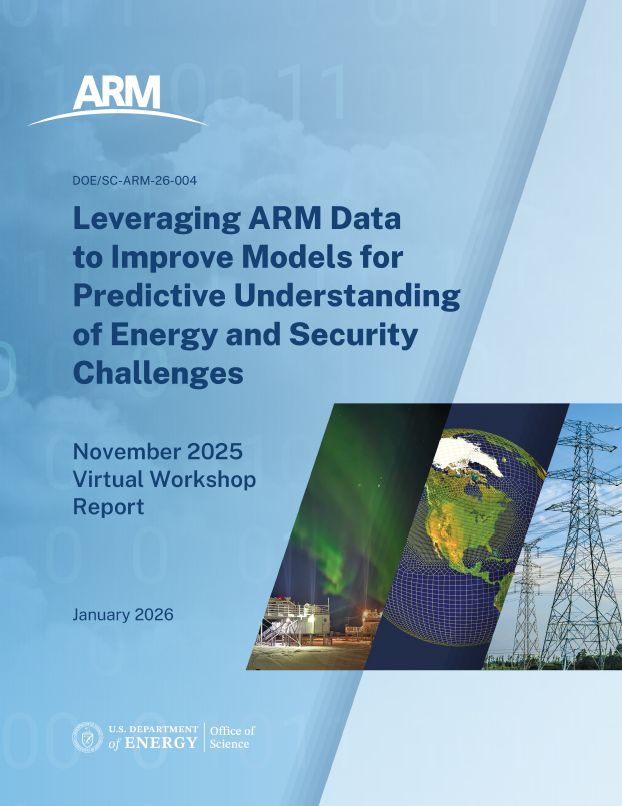 A workshop report cover contains the ARM logo with the title "Leveraging ARM Data to Improve Models for Predictive Understanding of Energy and Security Challenges: November 2025 Virtual Workshop Report" and the publication month and year (January 2026) underneath. Three images illustrate the following: an aurora (over a snow-covered ARM site), an earth system model, and a power grid.