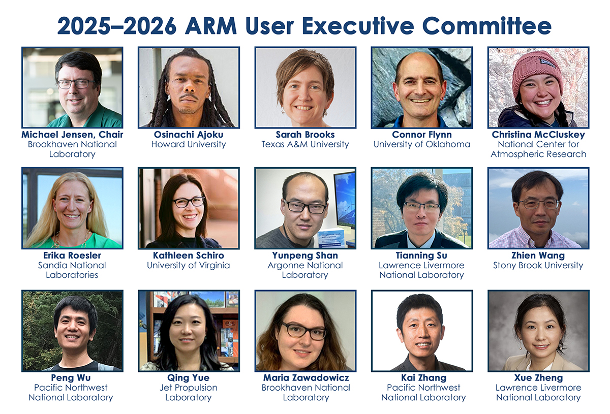 A group of 15 portraits (3 down, 5 across) with the title "2025-2026 ARM User Executive Committee." The top row shows Chair Michael Jensen, Osinachi Ajoku, Sarah Brooks, Connor Flynn, and Christina McCluskey. The middle row is Erika Roesler, Kathleen Schiro, Yunpeng Shan, Tianning Su, and Zhien Wang. The bottom row is Peng Wu, Qing Yue, Maria Zawadowicz, Kai Zhang, and Xue Zheng.