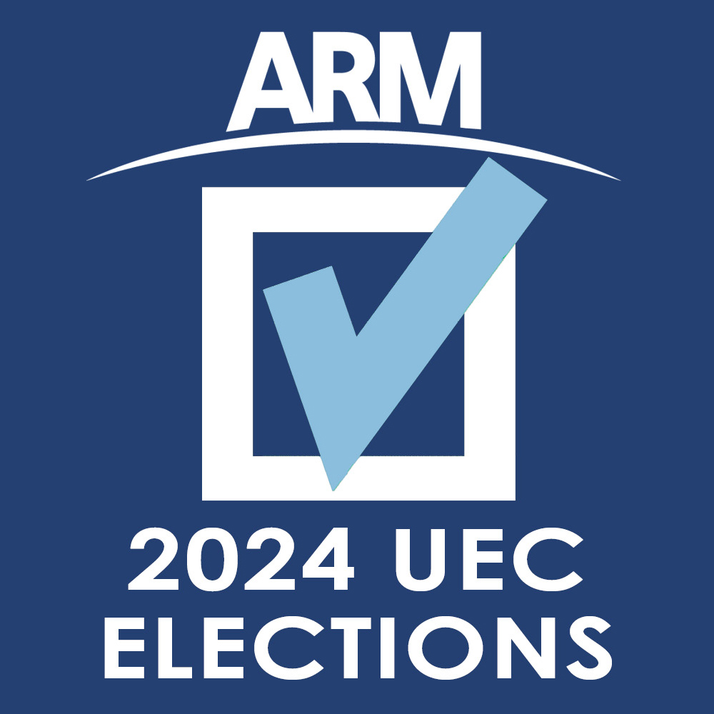 The ARM logo is centered over a light blue checkmark in a thick white box with the words "2024 UEC Elections" in white underneath the checked box.