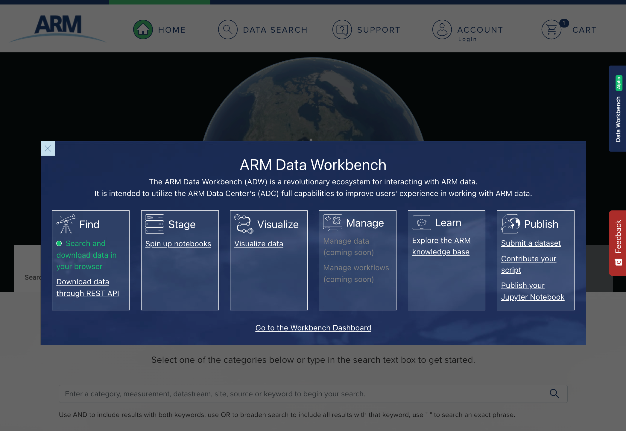 A smaller “widget” version of the ARM Data Workbench dashboard is accessible in ARM’s Data Discovery portal (above) by clicking on the dark blue Data Workbench tab on the right-hand side of the screen. The widget version of the dashboard is also available in Workbench JupyterHub and the ARM Data Studio.
