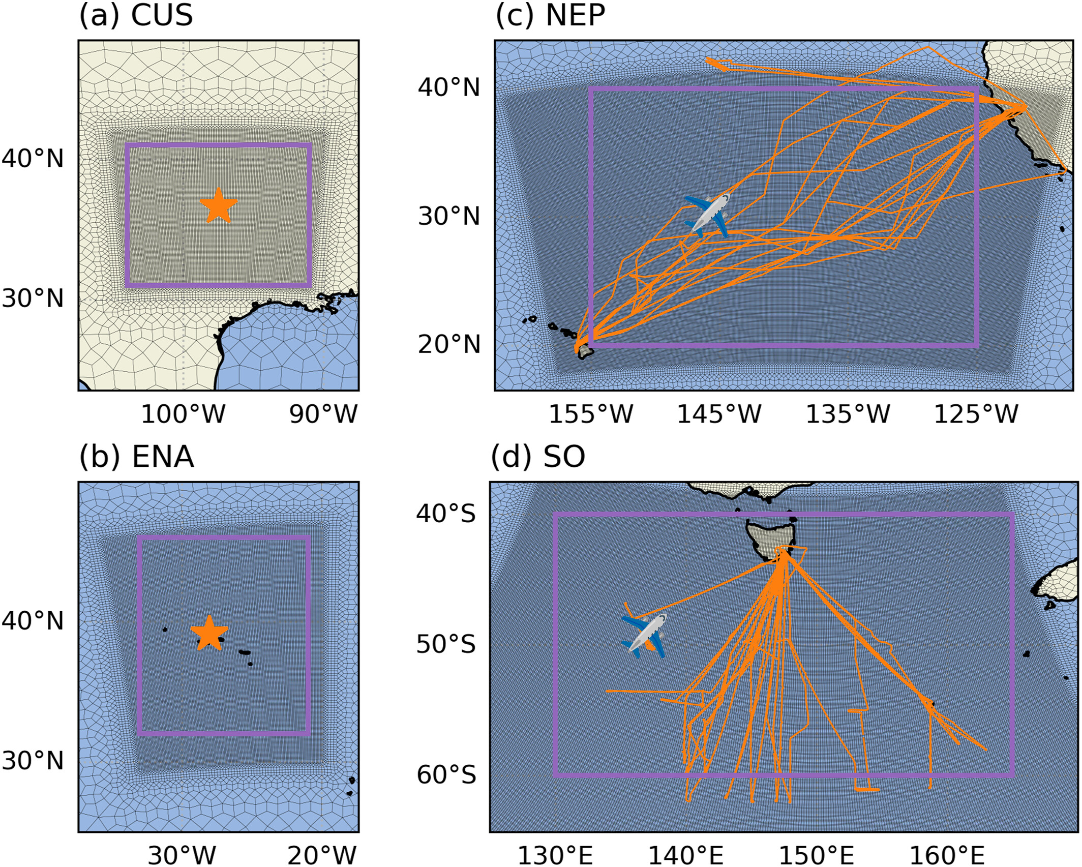 Four map panels, with the two on the left including a star to indicate ARM observation sites within specified domains and the two on the right including an airplane with orange lines to indicate aircraft tracks over oceans