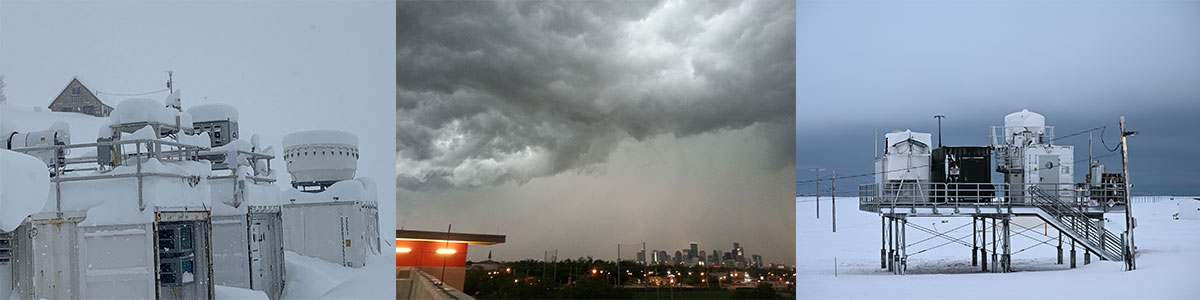 A photo strip contains images of snow-covered ARM instruments; a convective system over Houston, Texas; and a dark cloud layer over an atmospheric instrument platform.