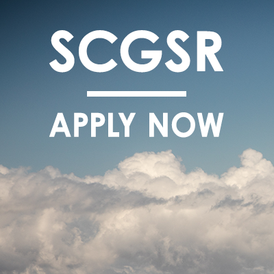 White, puffy clouds with text: "SCGSR Apply Now"