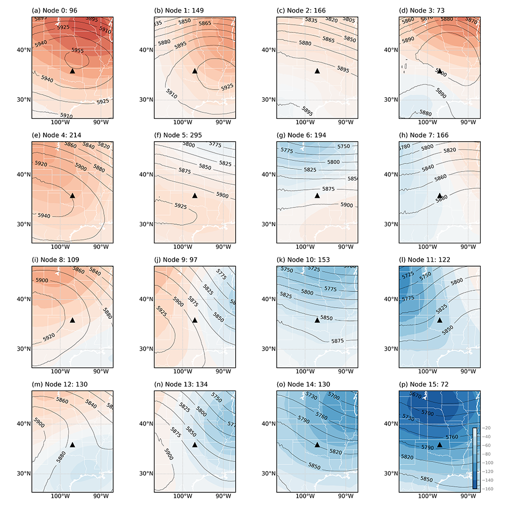 A 4x4 grid of maps showing geopotential heights (meters, contours) and anomalies (colors) at 500 hPa at 04:00 UTC for 16 self-organizing map nodes